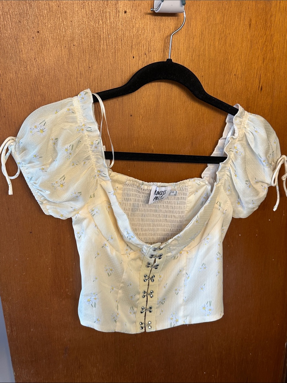 Princess Polly Allyson Top Floral Puff Sleeve Crop Top Cream Yellow Size 4